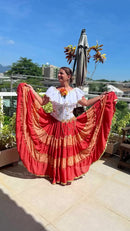 Conjunto C33 – Saia rodada vermelha, coral e rosa claro – vista frontal