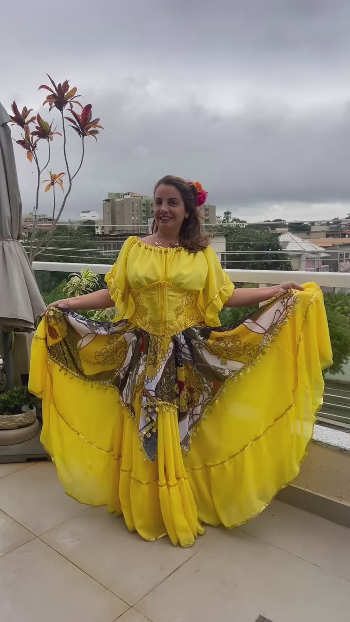 Vídeo do Conjunto C13 – Saia rodada amarela, branca e marrom