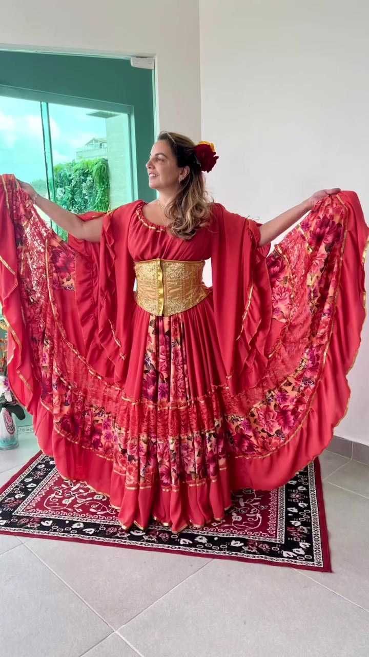 Conjunto C184 – Coral, rosa e vermelho – vista frontal