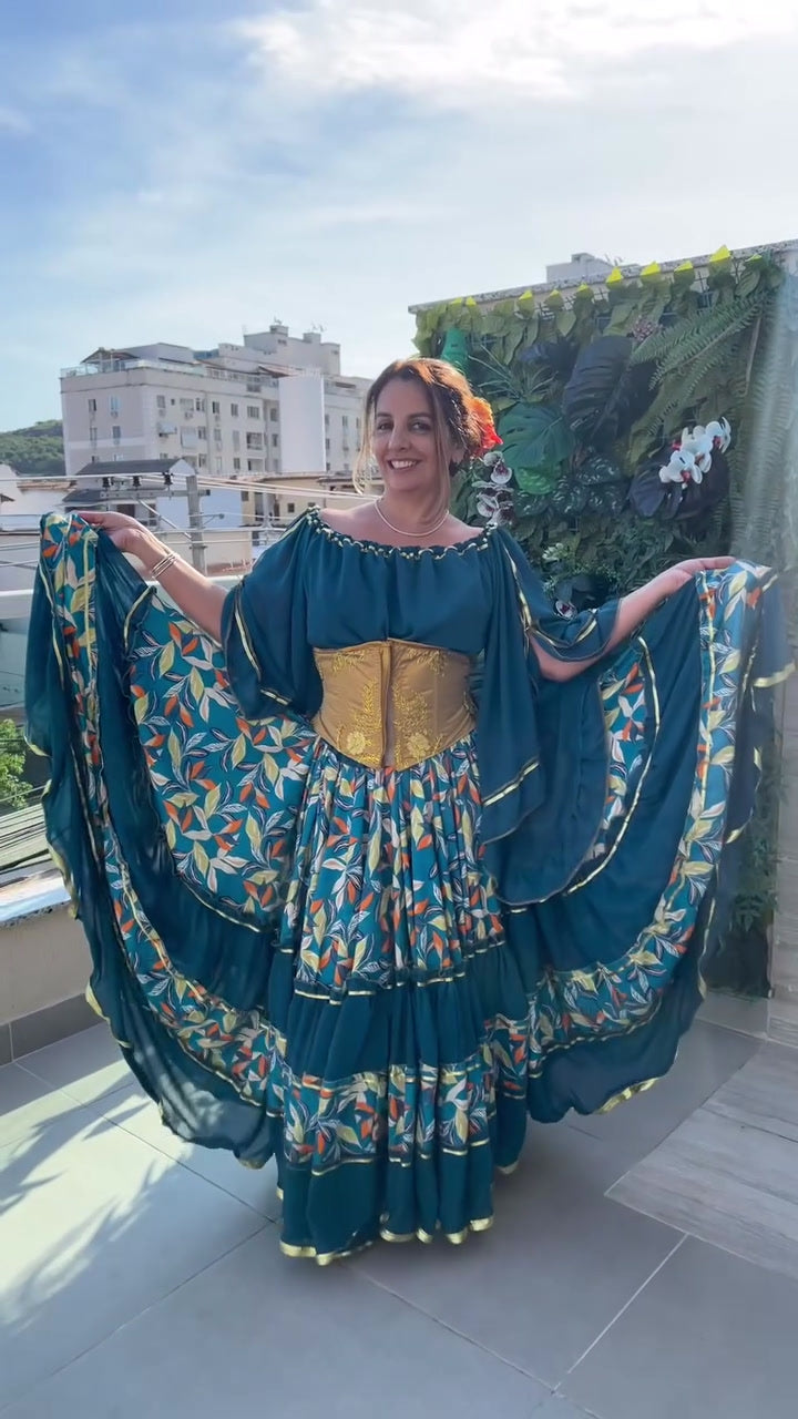 Conjunto C25 – Saia rodada azul petróleo, bege e laranja – vista frontal